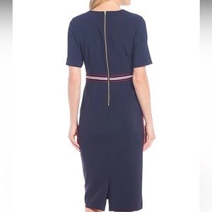 NWT Maggy London size 14 midi dress navy with red white stripe, gold zipper